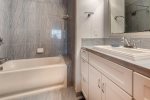Master bathroom with tub and shower, hair dryer, 